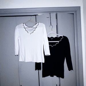 2 Roz & Ali Black and white Pull Over Sweater Scalloped Edges M